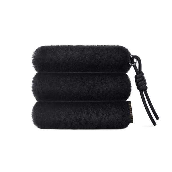 Peluş AirPods ve Mini Aksesuar Çantası – Suni Kürklü, Mıknatıslı Kapatma, Anahtarlık Askılı, Bozuk Para ve Kart Organizeri – Siyah